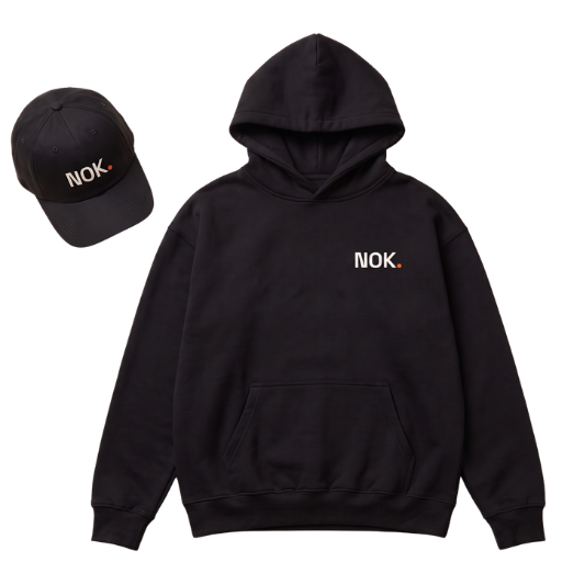 NOK merch — hettegenser og caps